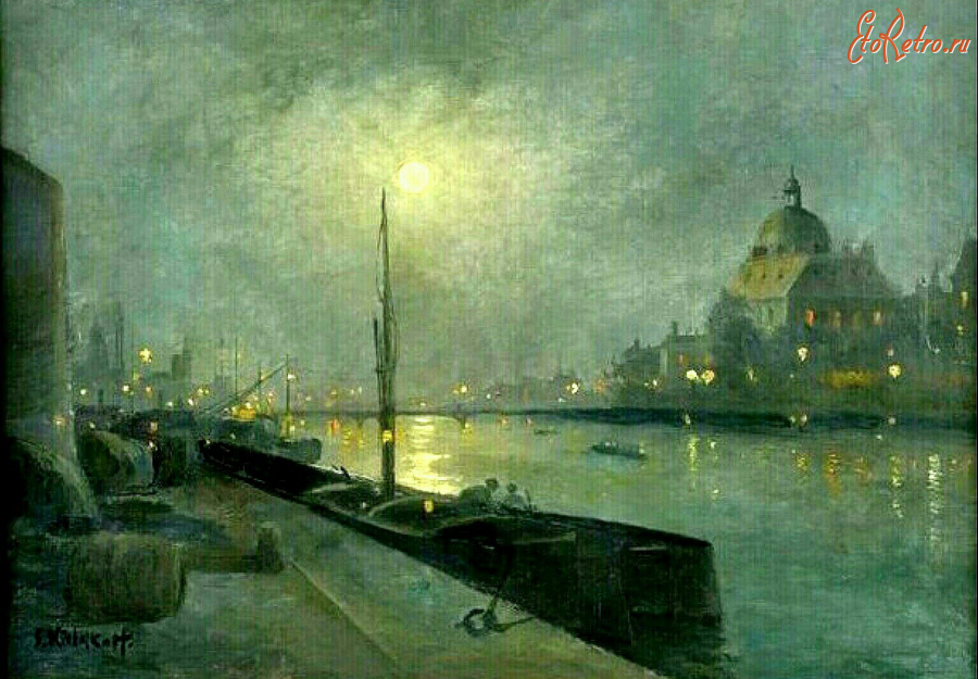 Картины - Сергей Кислаков. Ночные огни. Баржи у реки