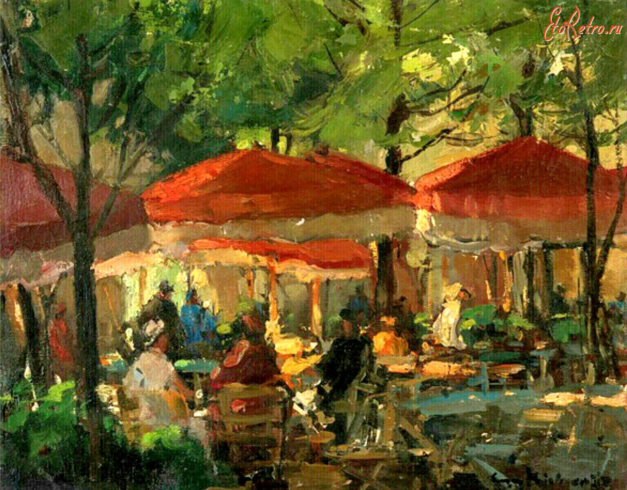 Картины - Сергей Кислаков. Парижский рынок на Сене. Кафе