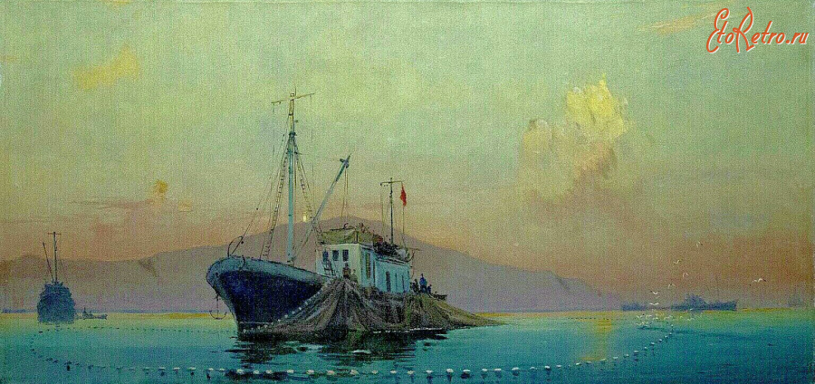 Картины - Пётр Столяренко. Малый рыболовный сейнер на закате