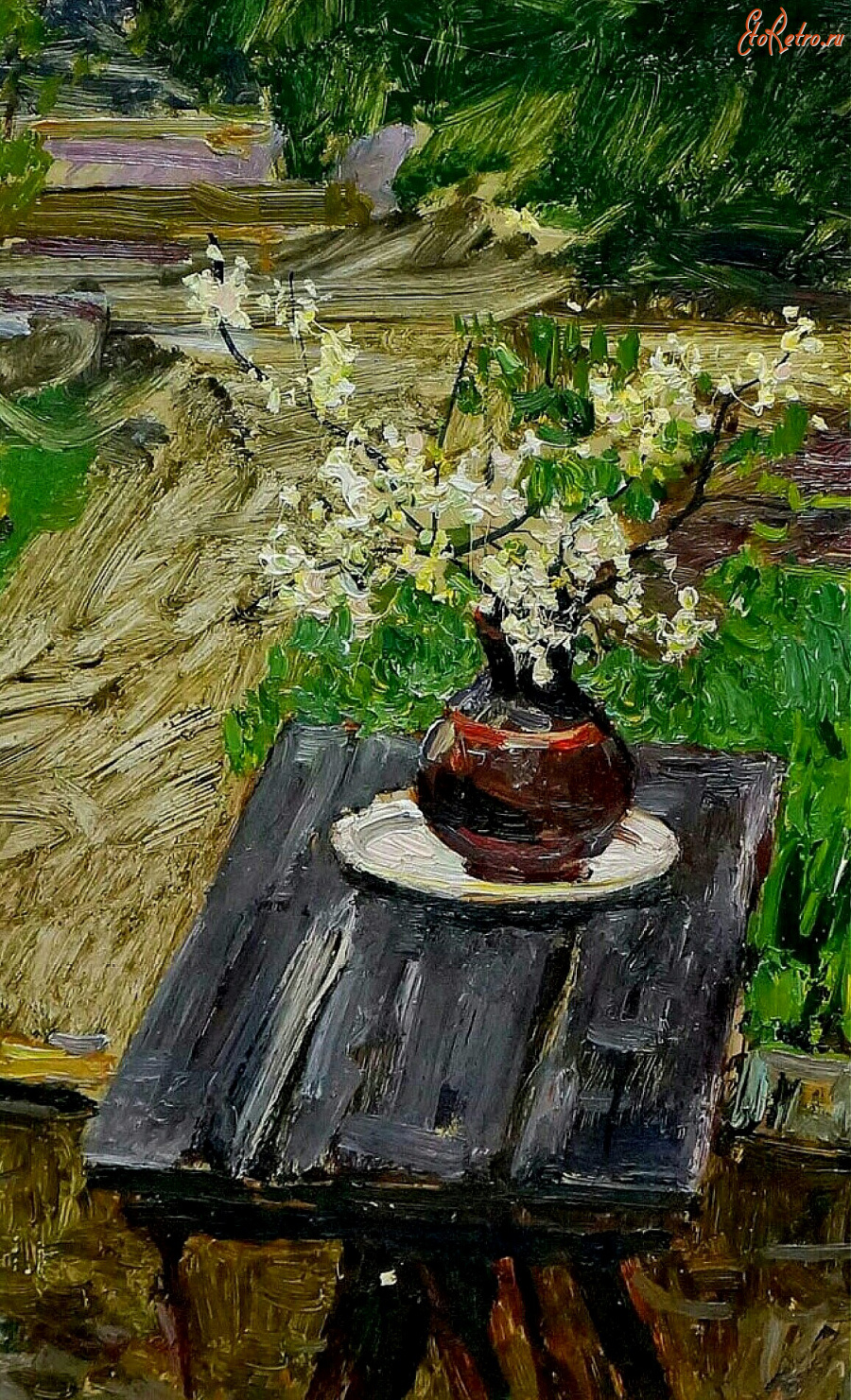 Картины - Пётр Столяренко. Сад у дома. Цветущий миндаль в вазе