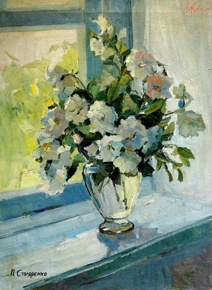 Картины - Пётр Столяренко. Белые розы в вазе у окна
