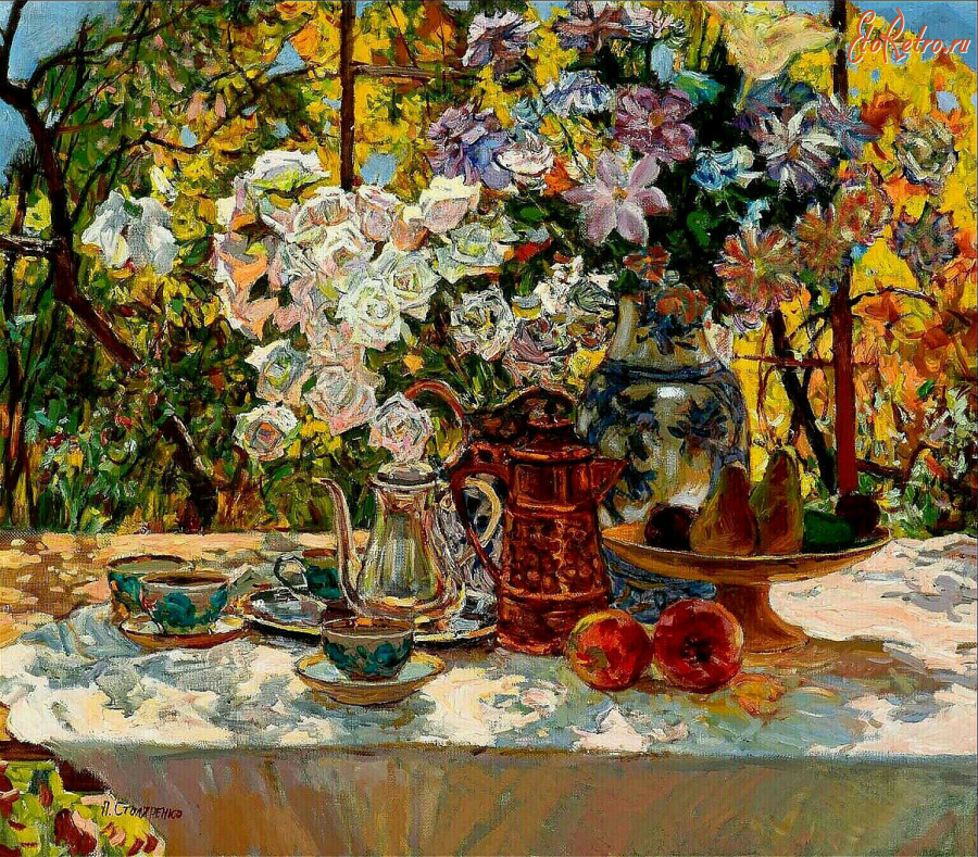 Картины - Пётр Столяренко. Сад у дома. Утренний кофе