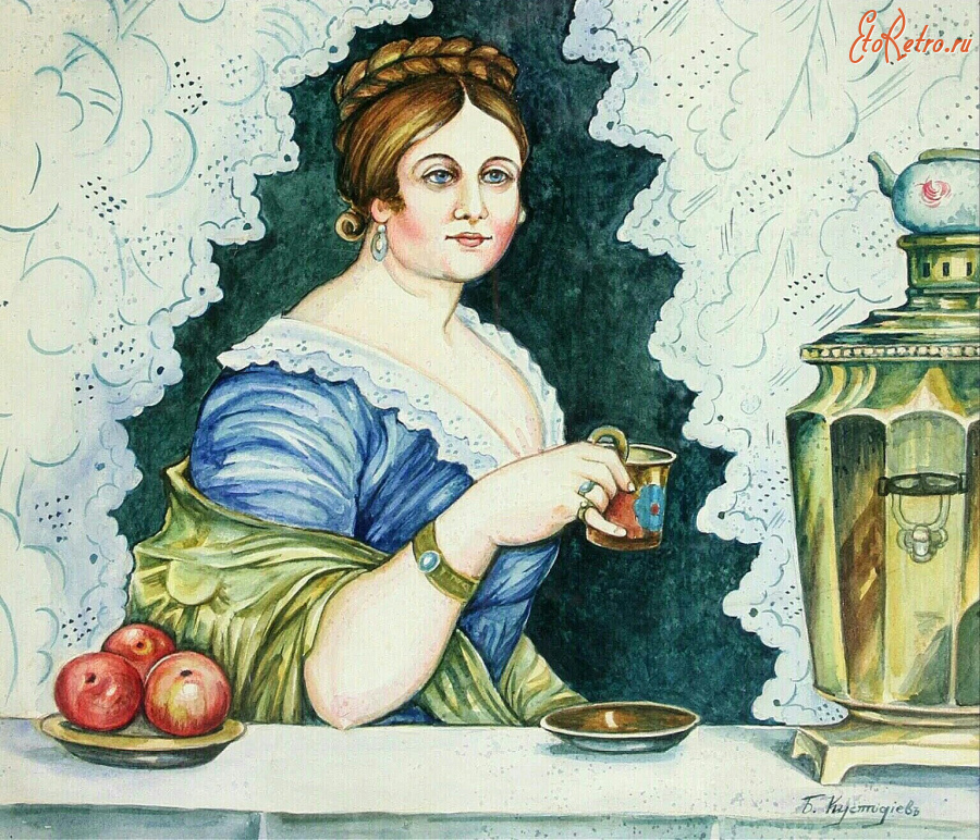 Картины - Борис Кустодиев. Женщина у окна . Чаепитие