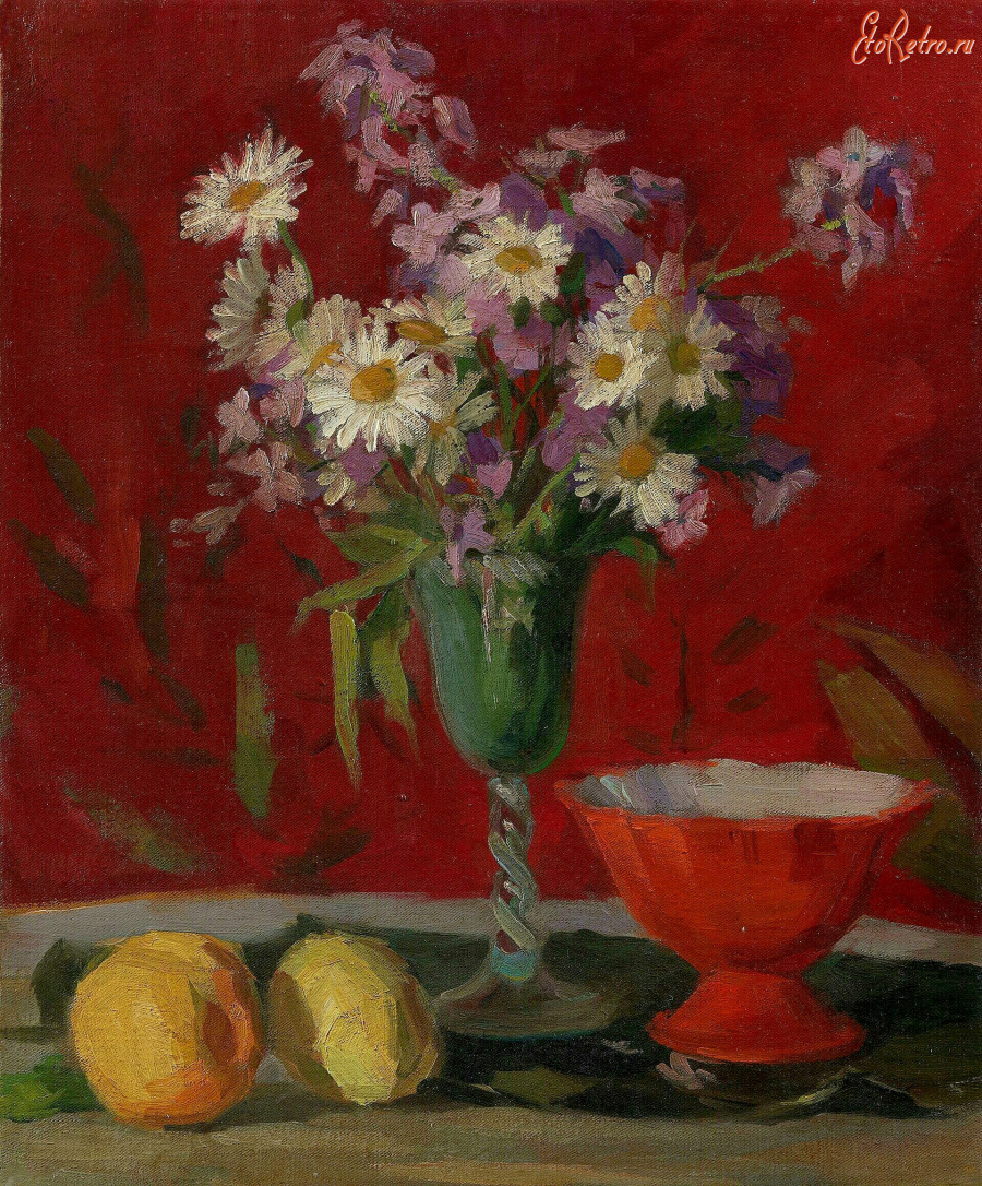 Картины - Борис Кустодиев. Ромашки и садовые цветы в зелёной вазе