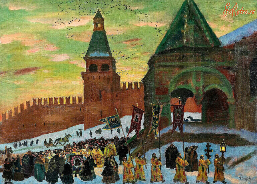 Картины - Борис Кустодиев. Крестный ход у собора Василия Блаженного