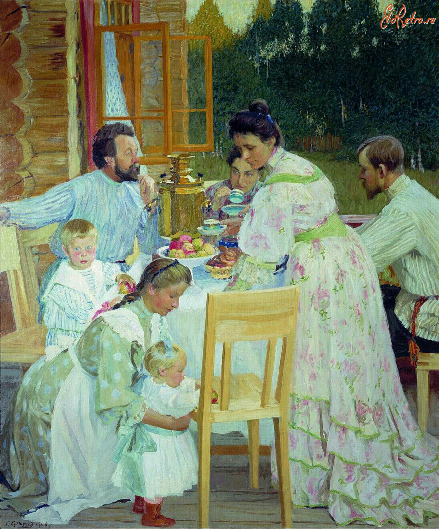 Картины - Борис Кустодиев. Семья художника на террасе