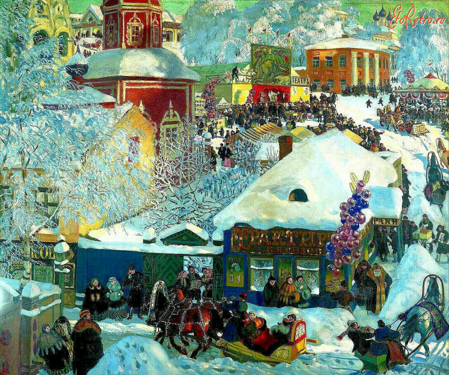 Картины - Борис Кустодиев. Зимние гуляния на Масленицу