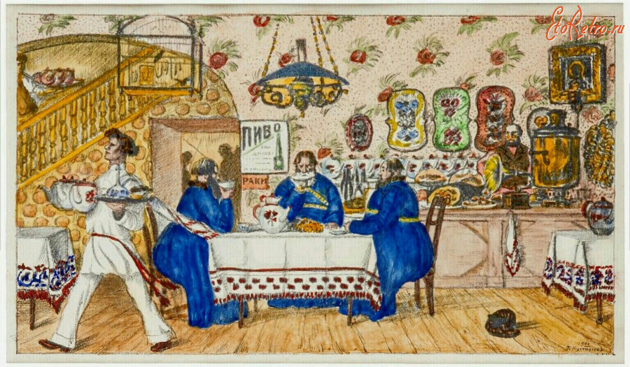 Картины - Борис Кустодиев. Трактир. Чаепитие ямщиков-старообрядцев