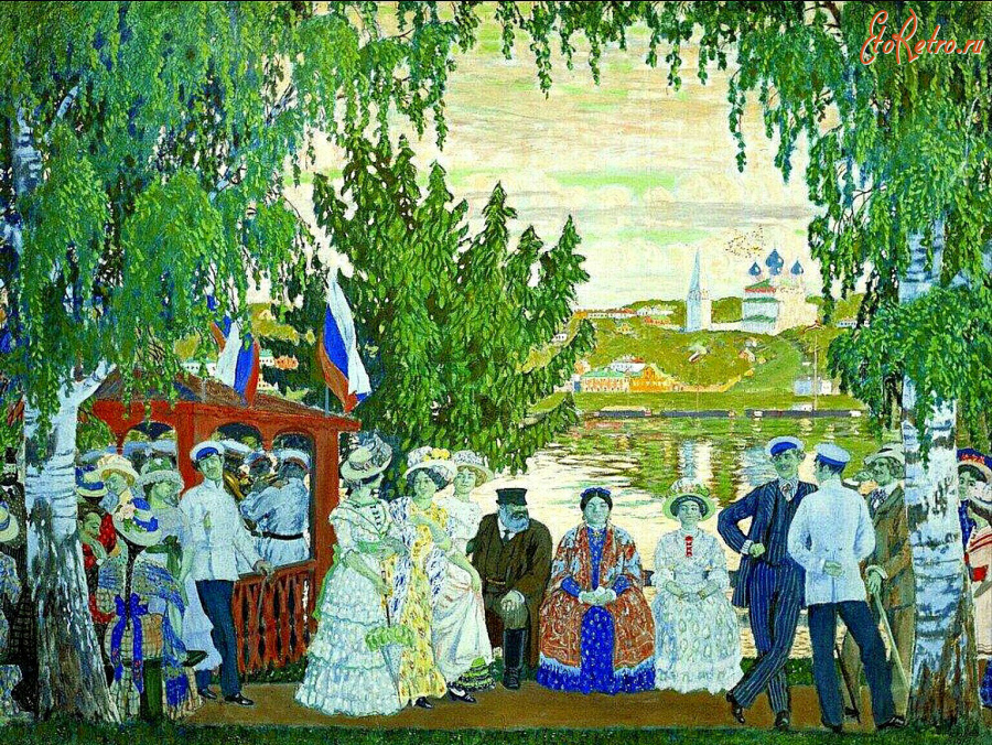 Картины - Борис Кустодиев. Гуляние  на Волге в Тутаеве. Романовский бульвар
