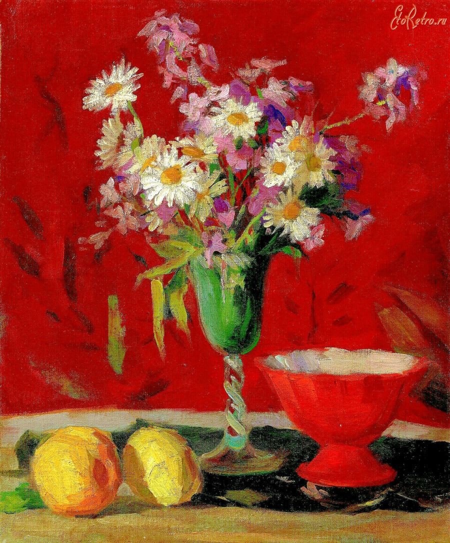 Картины - Борис Кустодиев. Ромашки и садовые цветы в зелёной вазе