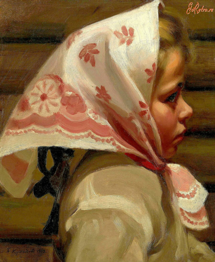 Картины - Борис Кустодиев. Портрет девочки в платочке