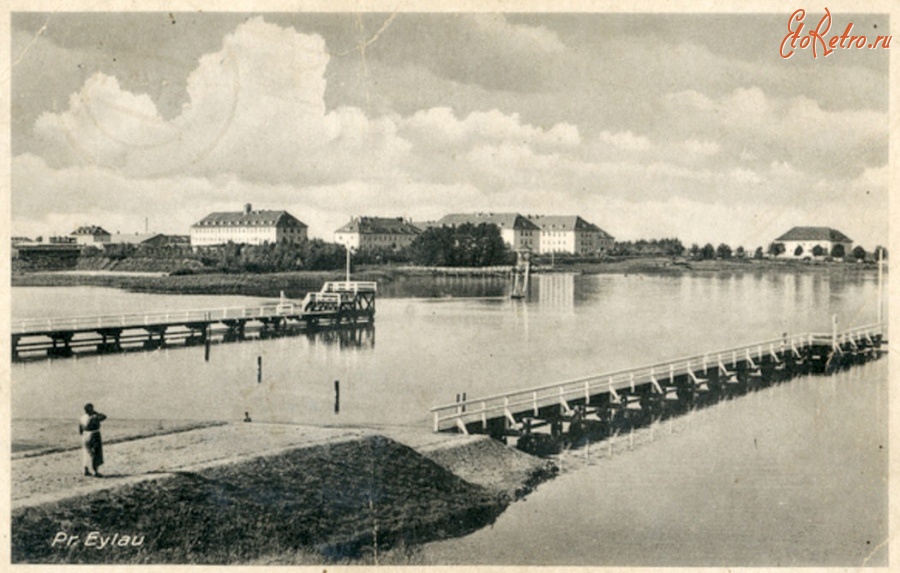 Багратионовск - Preussisch Eylau, Militаr-Badeanstalt am Warschkeiter See und Kasernen im Hintergrund
