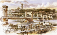 Киев - Старый  Киев.  Вид на Николаевский цепной мост и Лавру.