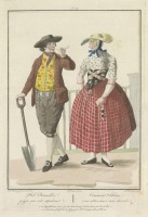 Ретро мода - Фермер с лопатой и трубкой и женщина в красной юбке