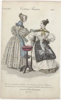 Ретро мода - Рукодельница в вышитом шёлковом фартуке и девушка в платье из муслина