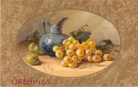 Ретро открытки - Приветствия. Натюрморт виноград и синий кувшин