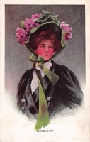Ретро открытки - Женщина в шляпе с цветами