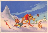 Ретро открытки - Медведи.  Катание с горки на лыжах
