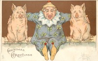 Ретро открытки - С Рождеством.  Клоун и две свинки