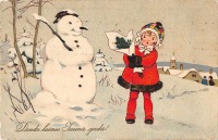 Ретро открытки - Рождественские поздравления. Девочка и снеговик
