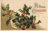 Ретро открытки - С Рождеством. Букет падуба и красные ягоды