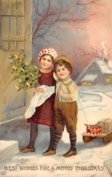 Ретро открытки - Счастливого Рождества. Дети и санки с подарками