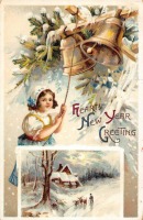Ретро открытки - С Новым Годом. Девочка и Рождественские колокола