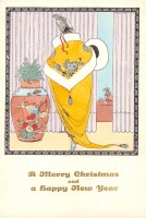 Ретро открытки - С Рождеством и Новым Годом. Леди в жёлтом манто