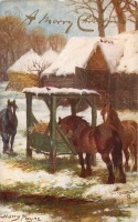Ретро открытки - С Рождеством и Новым Годом. Три лошади под навесом