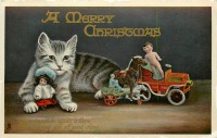 Ретро открытки - С Рождеством. Котёнок, подарки и автомобиль