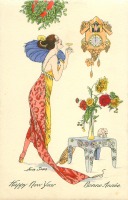 Ретро открытки - С Новым Годом. Женщина и счастливые часы с кукушкой