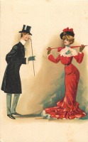 Ретро открытки - Женщина в красном платье и мужчина в цилиндре