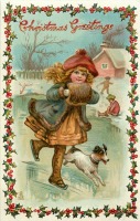 Ретро открытки - С Рождеством. Девочка на коньках и собака