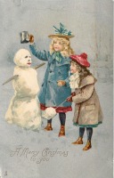 Ретро открытки - С Рождеством и Новым Годом.  Девочки и снеговик