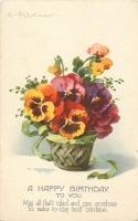 Ретро открытки - Фиолетовые и оранжевые анютины глазки в корзине с  лентой