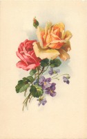 Ретро открытки - Красная и оранжево-жёлтая розы и фиалки