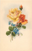 Ретро открытки - Жёлтая и оранжевая розы с бутонами и незабудки
