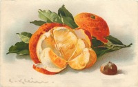 Ретро открытки - Натюрморт с апельсинами и каштаном