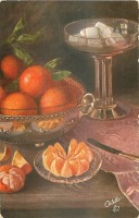 Ретро открытки - Фриц Хильдебранд. Апельсины в латунном блюде и две стеклянные вазы