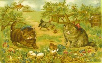 Ретро открытки - Счастливой Пасхи. Два котёнка и цыплёнок