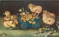 Ретро открытки - Цыплята ,  утята и повозка с весенними цветами