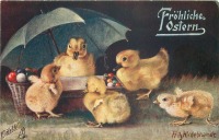 Ретро открытки - Цыплята и утята с пасхальной корзиной и зонтом