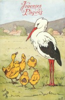 Ретро открытки - Счастливой Пасхи. Аист, цыплята и утята на поляне