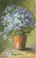 Ретро открытки - Голубые незабудки в коричневом цветочном горшке