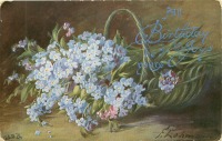 Ретро открытки - Голубые незабудки в плетёной корзине