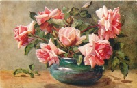 Ретро открытки - Розовые розы в низкой зелёной вазе