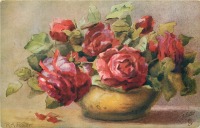 Ретро открытки - Букет красных роз в низкой жёлтой вазе