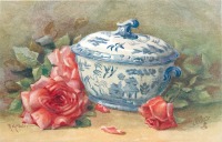 Ретро открытки - Три красные розы и бело-голубая китайская ваза с крышкой
