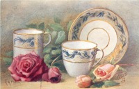 Ретро открытки - Красные и жёлтые розы,  бело-голубые чашки и блюдце