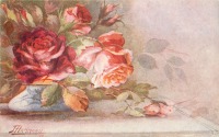 Ретро открытки - Красные розы в низкой голубой вазе с синим рисунком